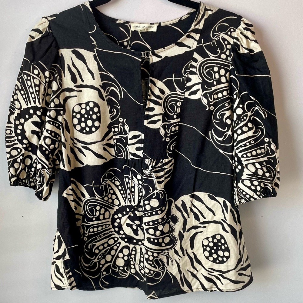 Christian Soriano Black/Cream Floral Print Linen Blend Women's Top XL Resortwear